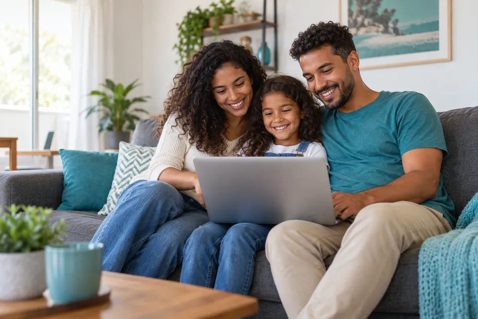 Família reunida em casa usando um notebook